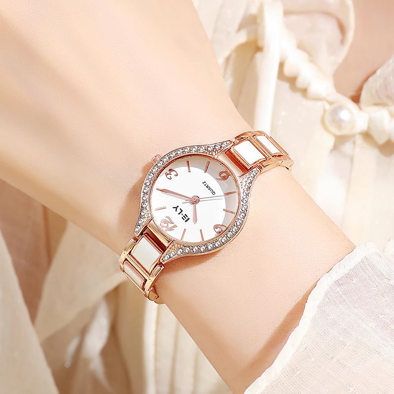 Women Retro Rhinestone Watch Round Imitation Ceramic Clock Watches