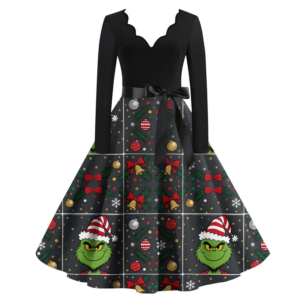 Ladies' Fashionable Retro Long Sleeved Square Neck Christmas Printed Evening Dress Dress