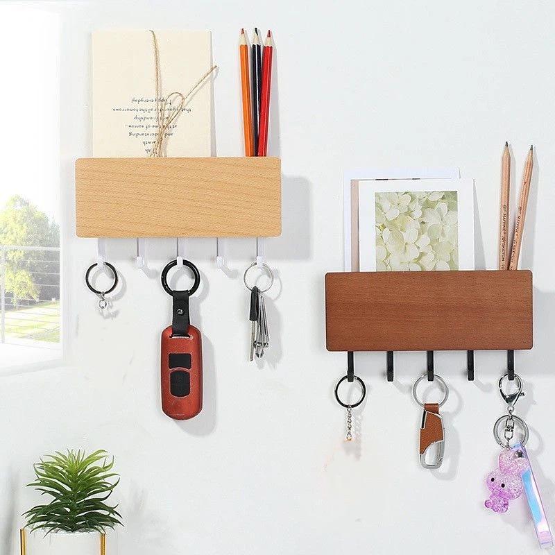 Wooden Key Hanger Wall Mounted Key Holder Organizer Vintage Wall Hook Hanger Wood Shelf Wall Organizer Rectangle Key Rack Hooks