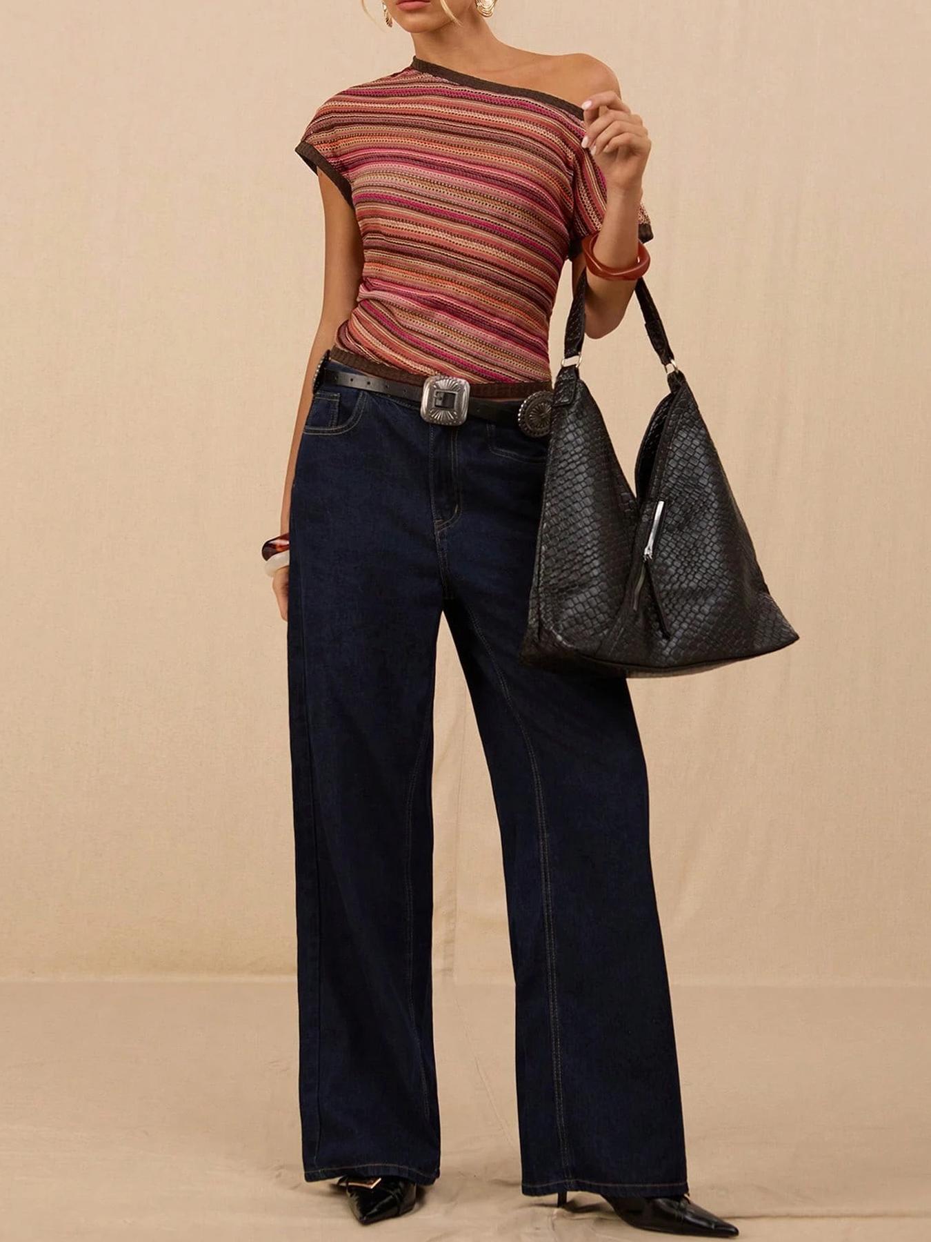 

European & American Retro Striped Colorful Off-Shoulder Knit Top - Slim Fit, Short Sleeve XL