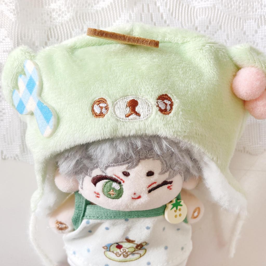 Melon costume (kigurumi cap, top & pants set) for 10cm plushies. Kigurumi accessory for idolfan activities, dollmascot, K-pop dollcostume. [Used]