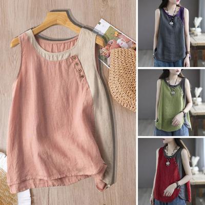 Canotta estiva da donna Canotta patchwork di colore a contrasto girocollo senza maniche pantaloni sottili abbinati T-shirt da donna taglie forti vintage casual