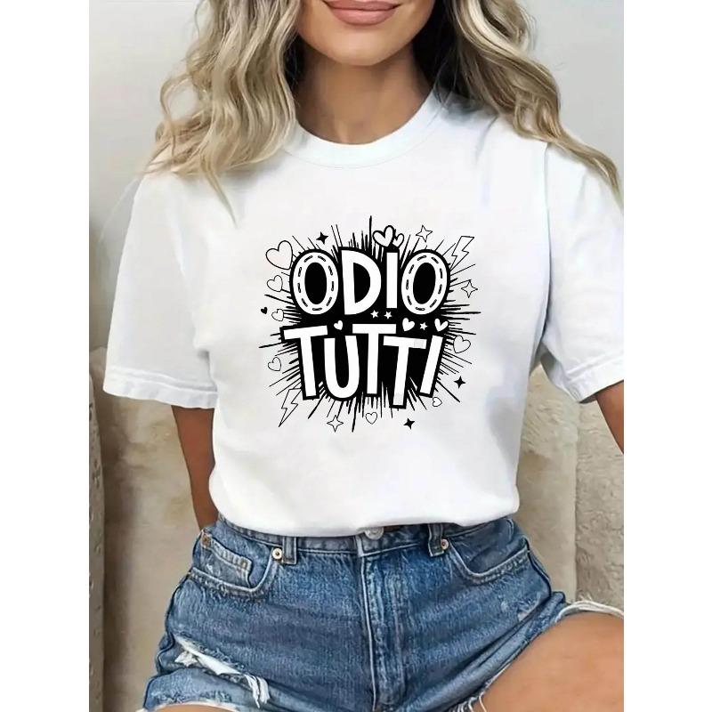 

ODIO TUTTI Letter Print Plus Size Women s T-shirt, Short Sleeve Crew Neck Casual Top for Summer & Spring, Women s Clothing S белый