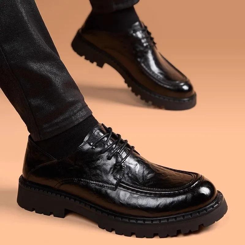 

2025 new heightening summer fashion soft surface lace-up casual leather shoes British style trend men s platform casual 38