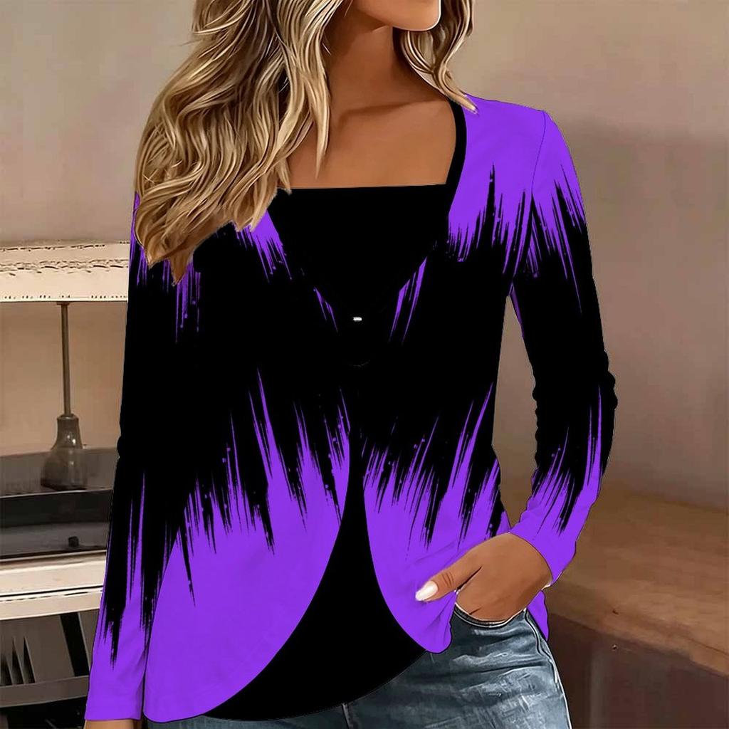 Tops for Women  Geometric Print Long Sleeve Fake Two‑Piece Top Fall Casual Slim Pullover Women's Long Sleeve Top
