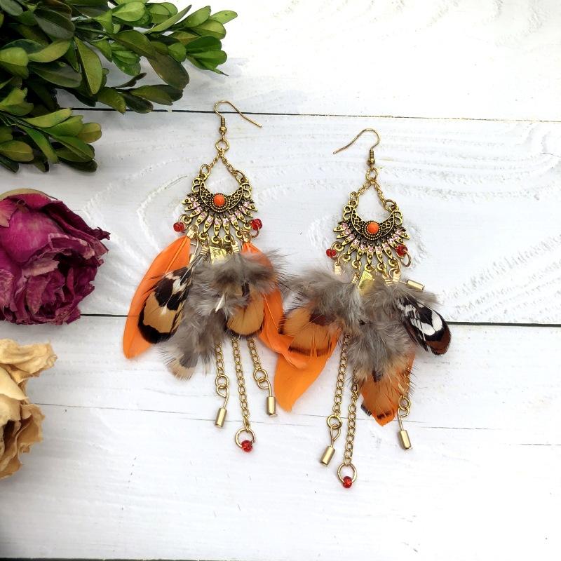 Handmade retro bohemian feather earrings dream catcher elements long fringed earrings temperament women's earrings