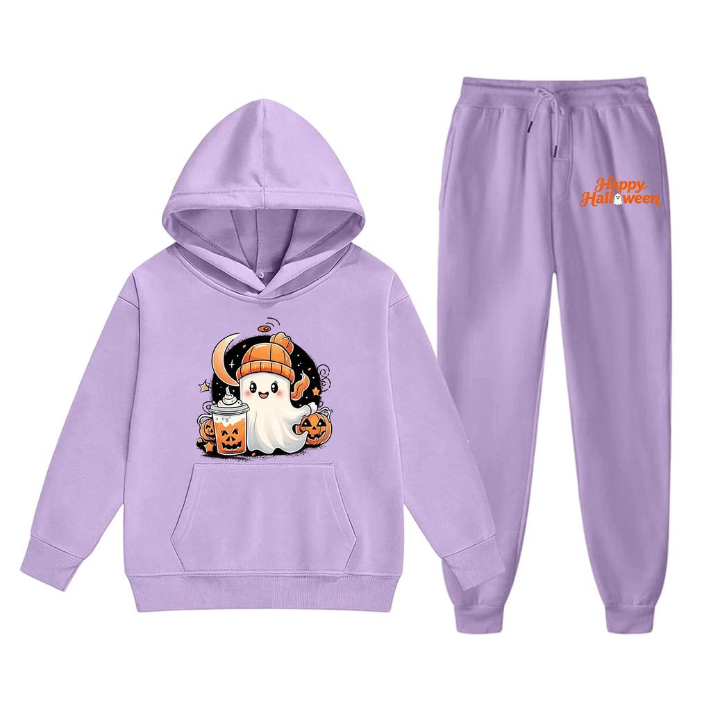 Kids Halloween Hoodie Set Ghost Print Pullover Sweatshirt and Pants Outfit Soft Comfortable Fabric Suitable for Fall and Winter Wear