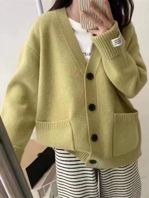 Oversized V-Neck Solid Color Cardigan - Autumn/Winter Korean Style, Versatile Slimming Sweater for Women