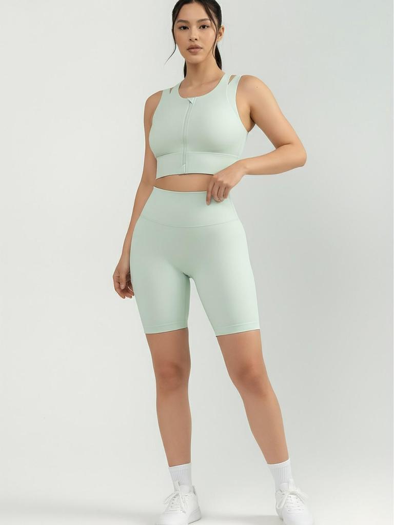 Light Green Front Zip Sports Bra with Fixed Pad: Shockproof and Stylish for Women