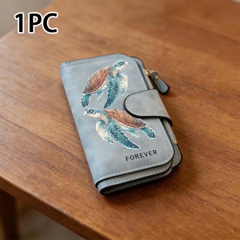 Women's Turtle Long Wallet Tri-fold Card Holder Multi-pocket Printed Zipper Wallet for Cash ID Credit Cards Gift with Fun Design Card Storage