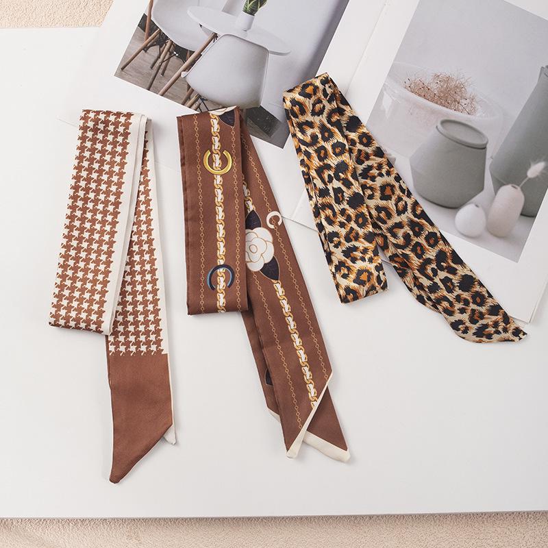 Brown Camellia Retro French Silk Scarf Headband Streamer Hair Tie