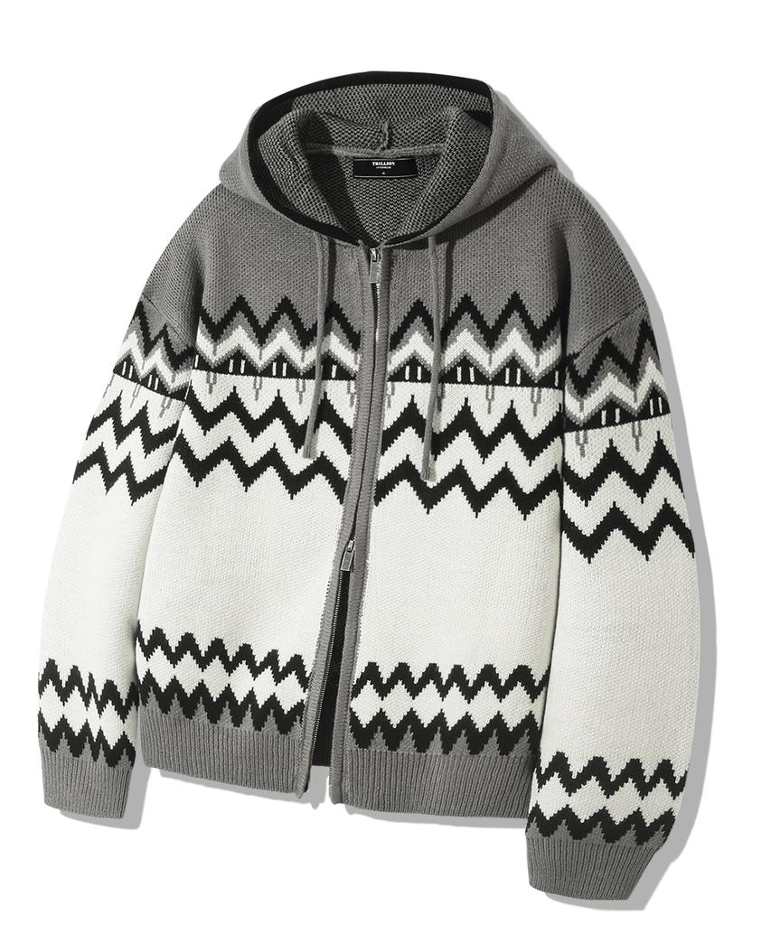 TRILLION Washable Nordic Jacquard 2-Way Hooded Zip-Up Knit [Gray]