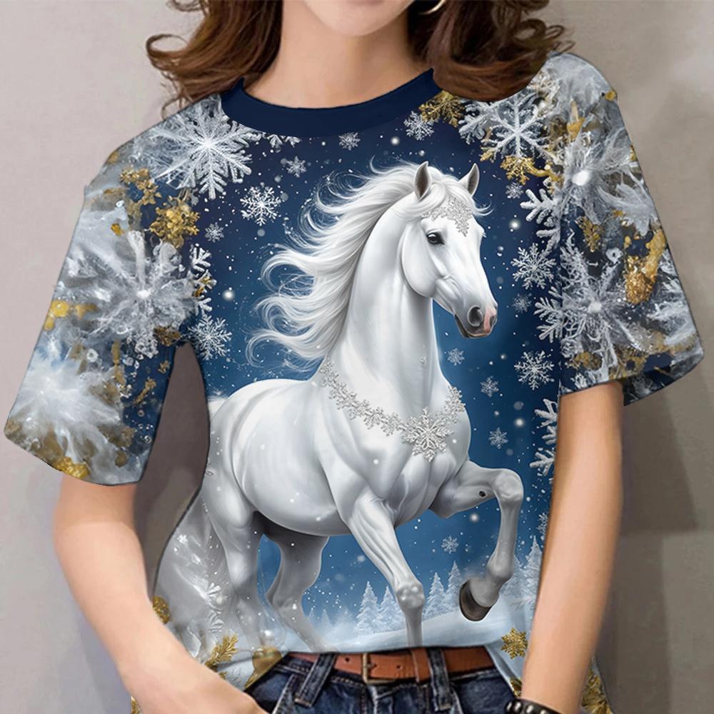 Pferde-Muster T-Shirts Floral 3D-Druck Damen Freizeit O-Ausschnitt Kurzarm T-Shirt Harajuku Lässige T-Shirts Y2k Tops Damenbekleidung