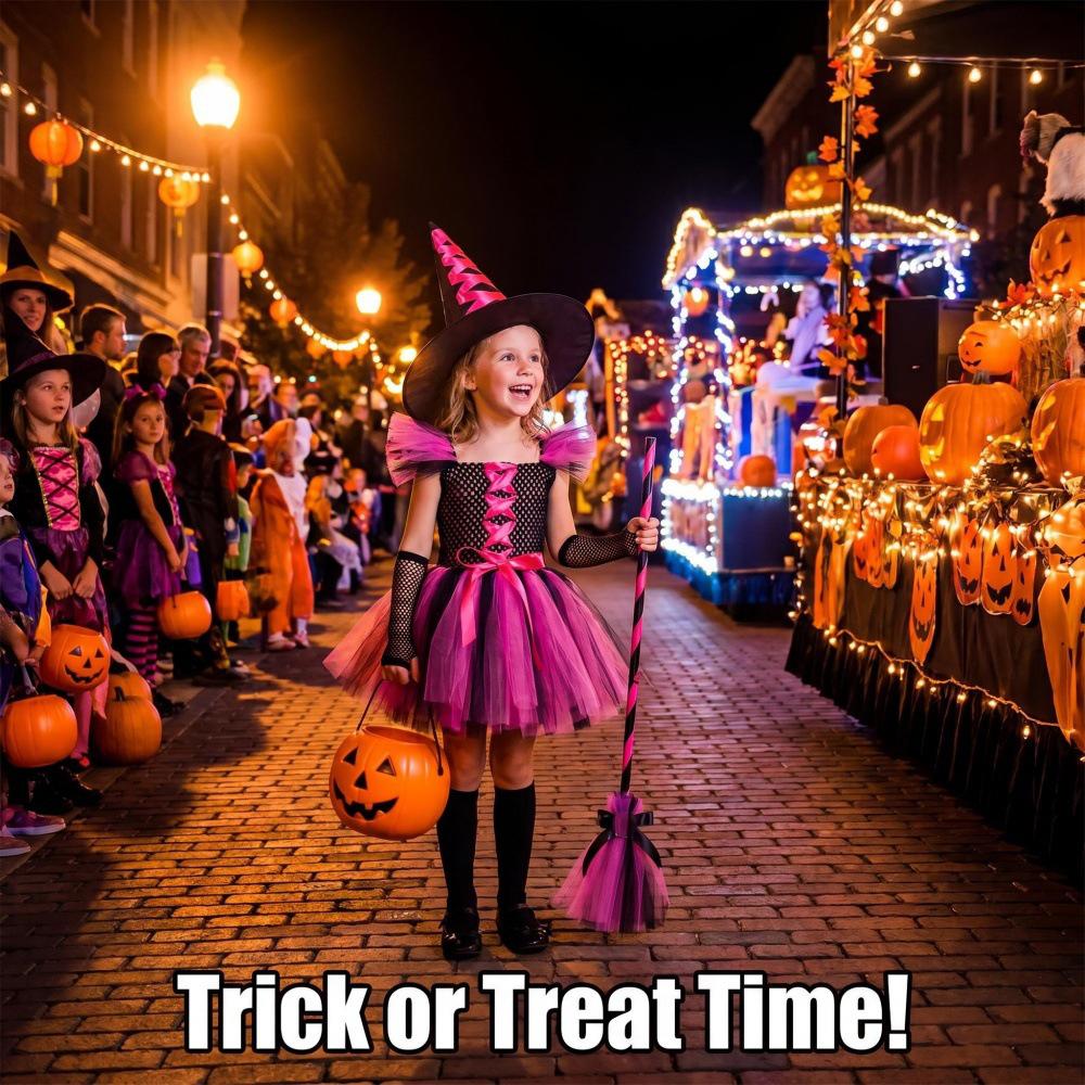 Häxdräktsset för flickor Halloween Utklädning Nät Tüll Prinsessklänning med Häxhatt Handskar och Kvast för Festivaluppträdande