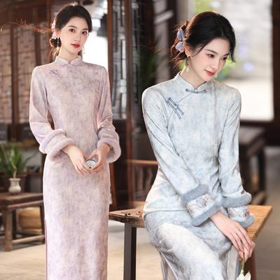 Purple Velvet Winter Clothing National Style New Chinese Long-sleeved Cheongsam Winter Thick Improved Young Women's High Sense