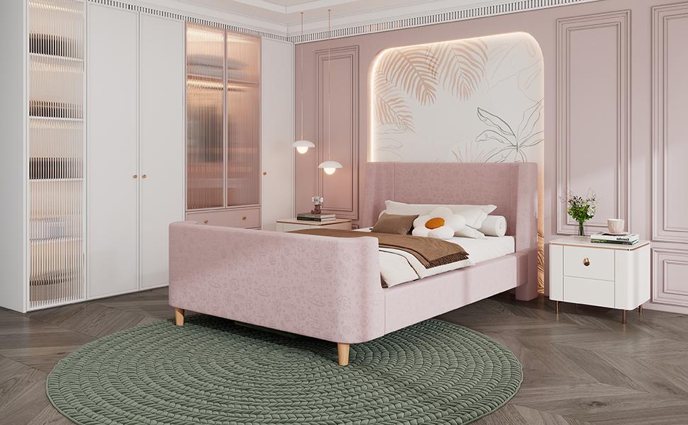 Children's Bed Upholstered Bed, Single Bed Sleigh Bed with Cosmic Pattern, 90 x 200 cm, For Boys & Girls, Pink, Velvet (Without Mattress)