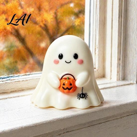Small Ghost Sculpture Halloween Resin Figurine Creepy Witch Hat Statue Desktop Statue Pumpkin Reading Ornament for Holiday Party Decoration Figurine