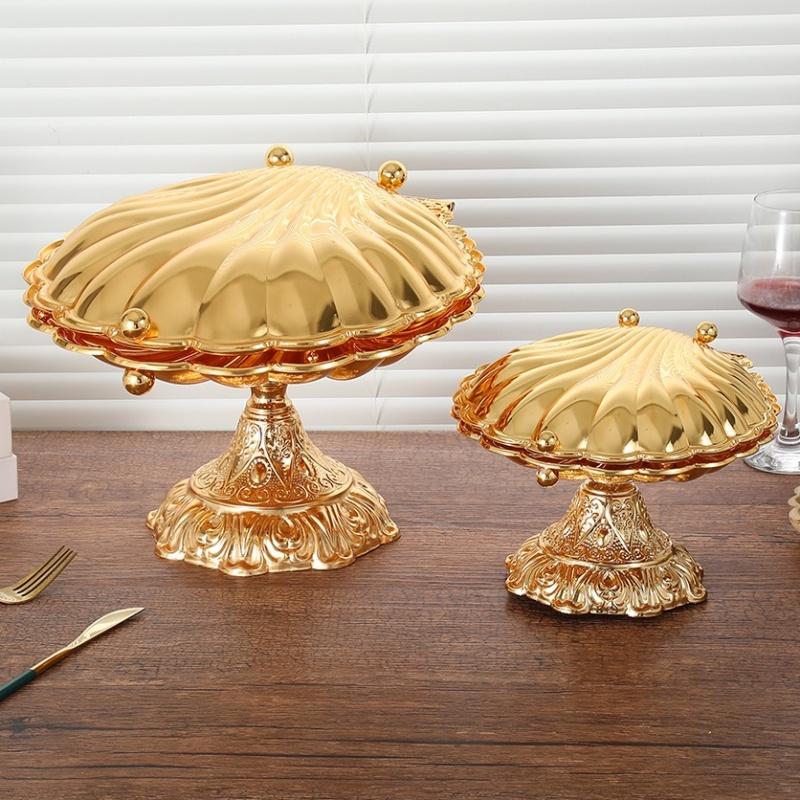 European Fruit Plate,Golden Alloy Exquisite Luxury Shell Shape Tall Feet Tray,Food Snack Candy Disc,Wedding Desktop Decoration