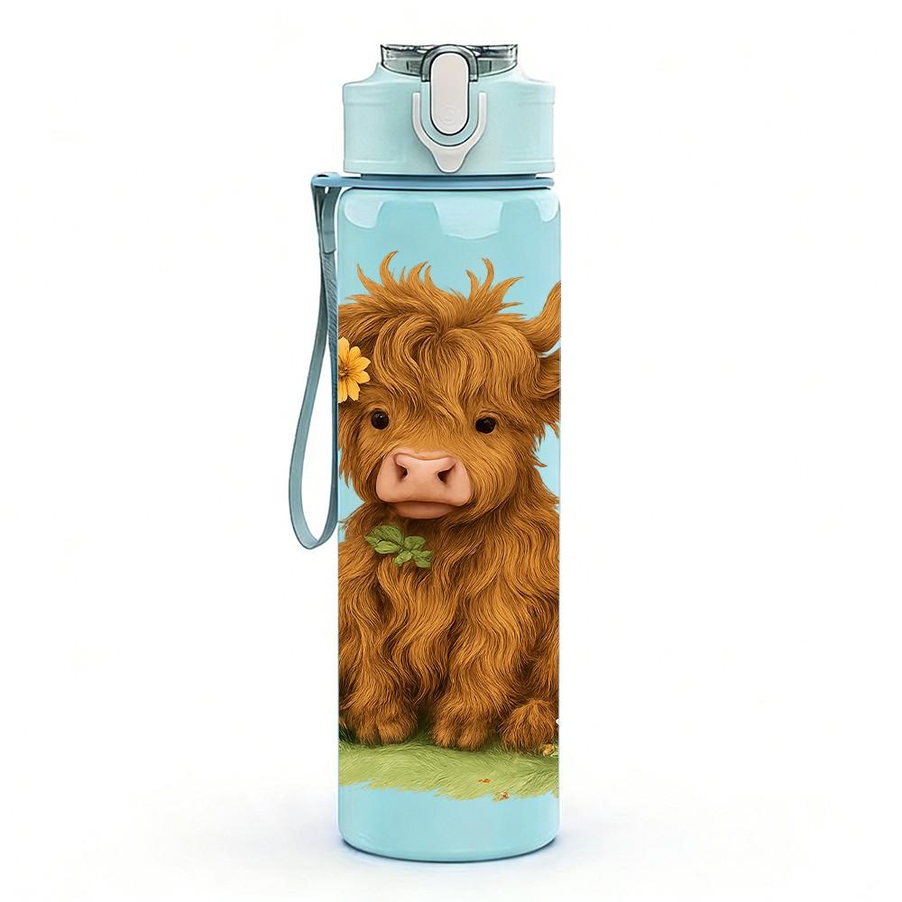 1PC Highland Cow Pattern 750ml Color Plastic Sports Water Bottle Leakproof Flip Straw Lid Suitable for Sports Office Home Use