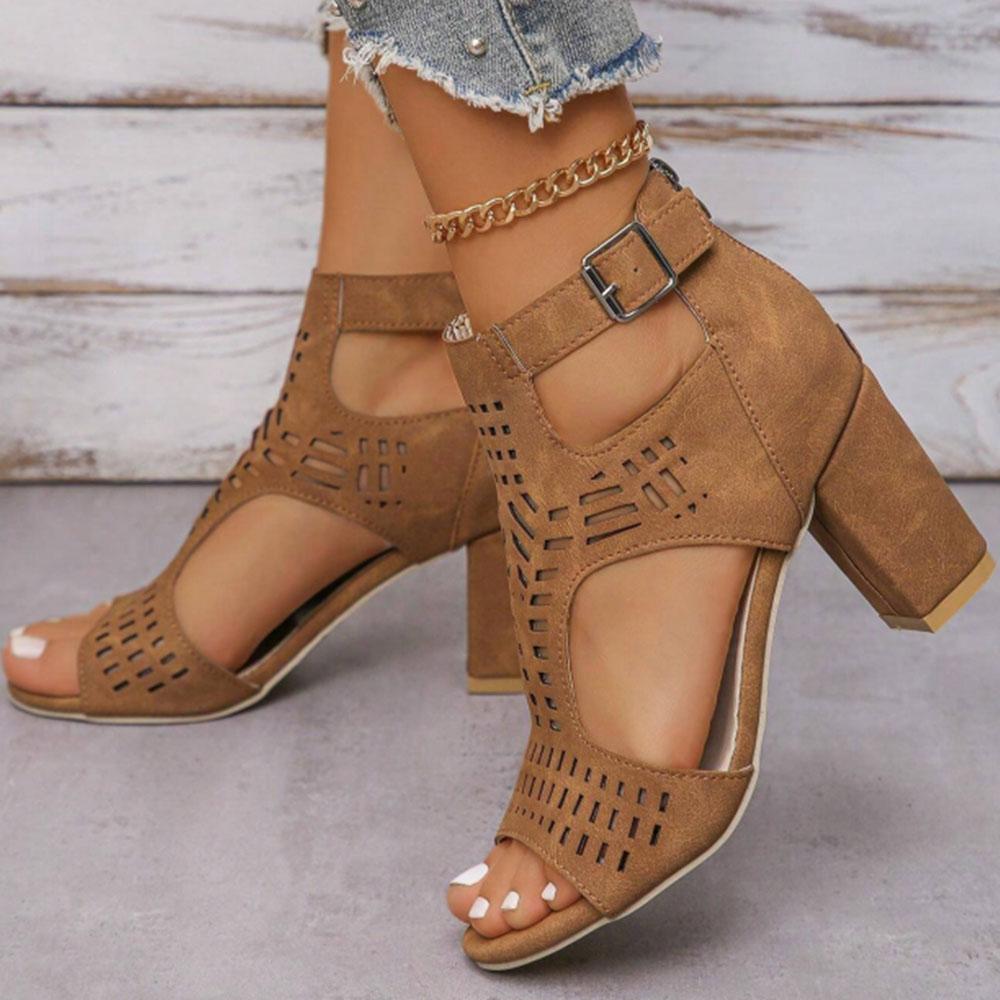 Summer Vintage Chunky Heels Sandals For Women Hollow Comfy Office Lady Zipper Women Shoes Big Size 43