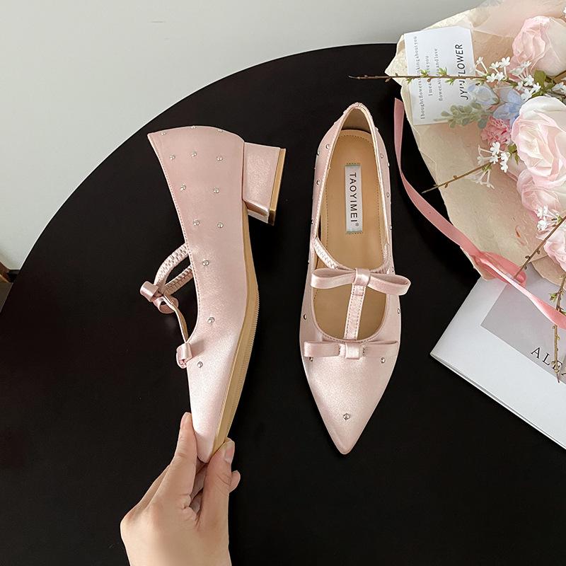 French pointed inner height increase Mary Jane women's shoes thick heel high heels satin women's shoes spring and summer pointed single shoes work s