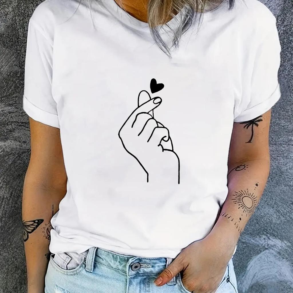 Finger Heart Print Unisex T-shirt Short Sleeve Crew Neck Casual Top for Summer & Spring WoUnisex Clothing Female TopsTees