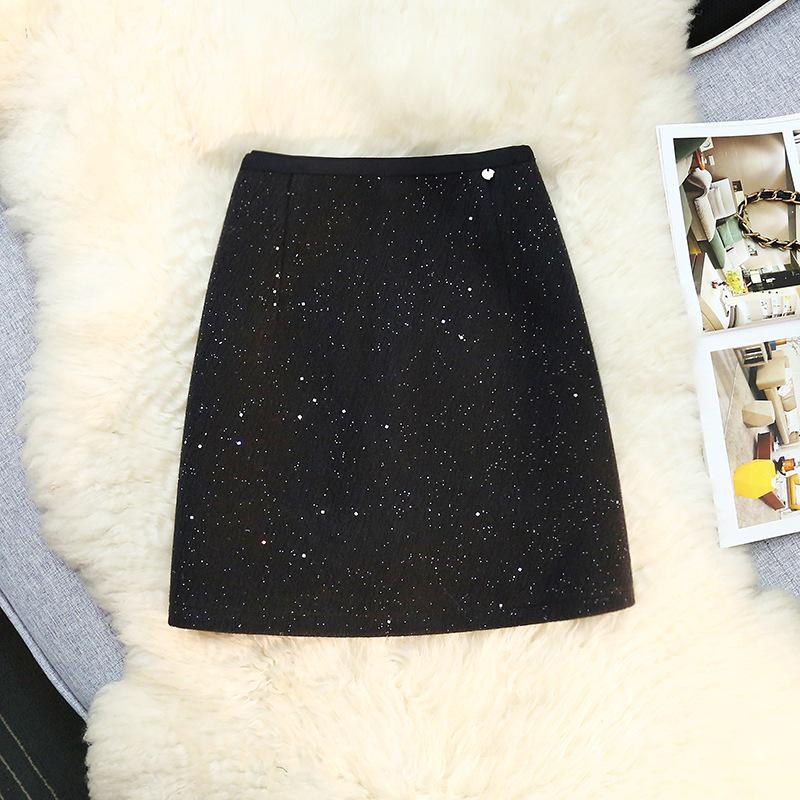 

Elegant Women s Starry Sequin Wool Blend A-Line Mini Skirt with Elastic High Waist Double Extra Large