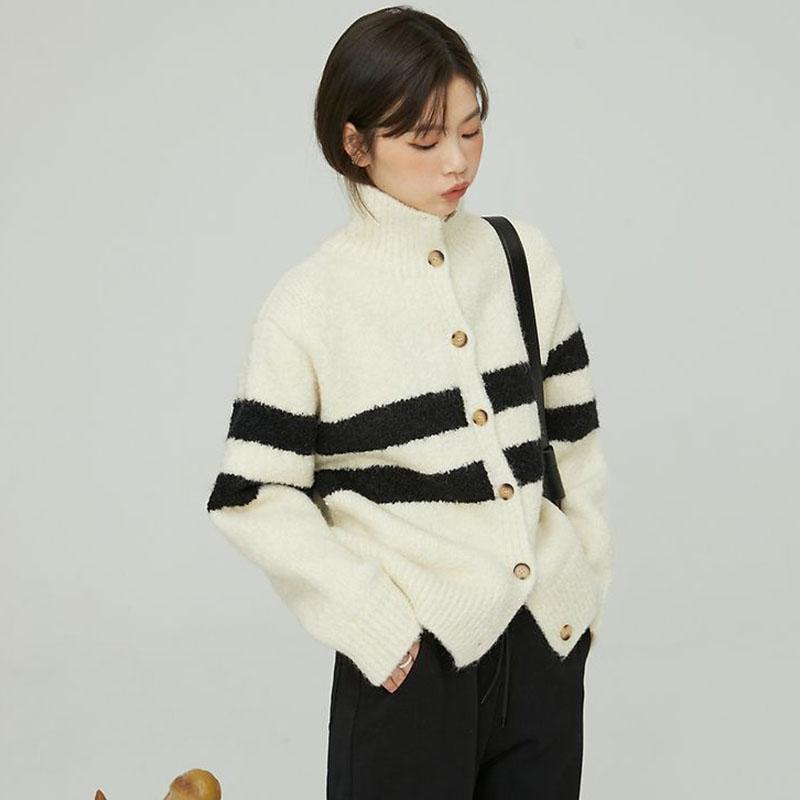 Französisch Vintage High Neck Gestreiften Pullover Mantel Strickjacke Frauen 2023 Herbst/Winter Neue Lose stricken Pullover Strickjacke Weibliche Top
