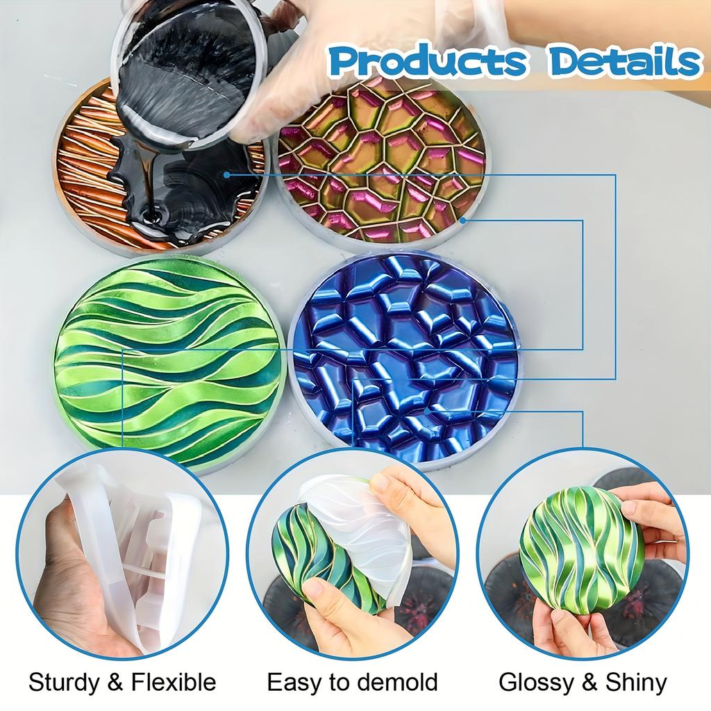 5 ks Pryskyřičná forma na podtácky, 4 ks Unikátní kulatá forma na pryskyřici s vlnami na podtácky, Epoxidová pryskyřice Lití Různé vzory s držákem, Silikonové formy na podtácky