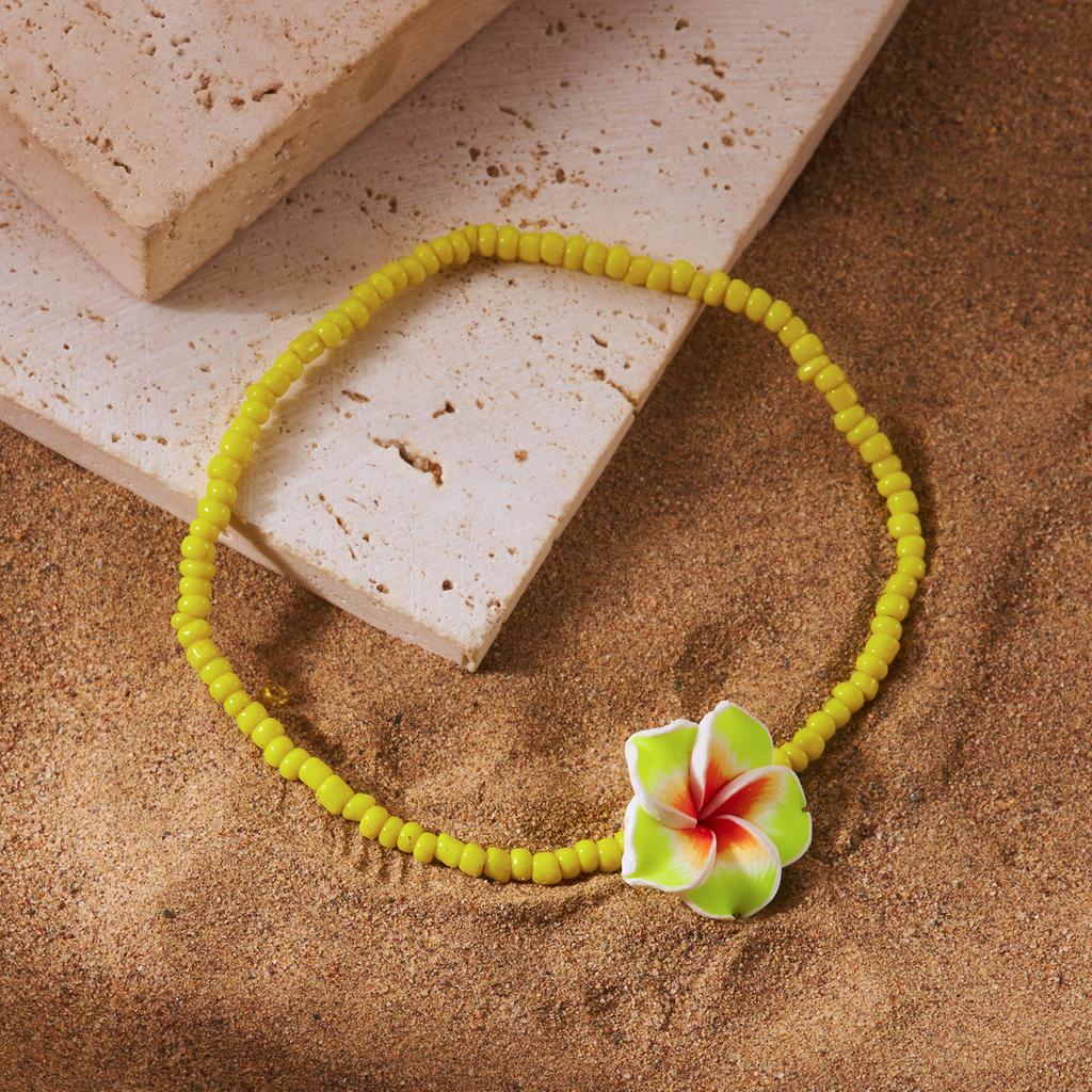 Bohemian Handmade Rice Beads Polymer Clay Flower Anklet for Women Summer Beach Bright Color Egg Flowers Ankle Bracelet Jewelry