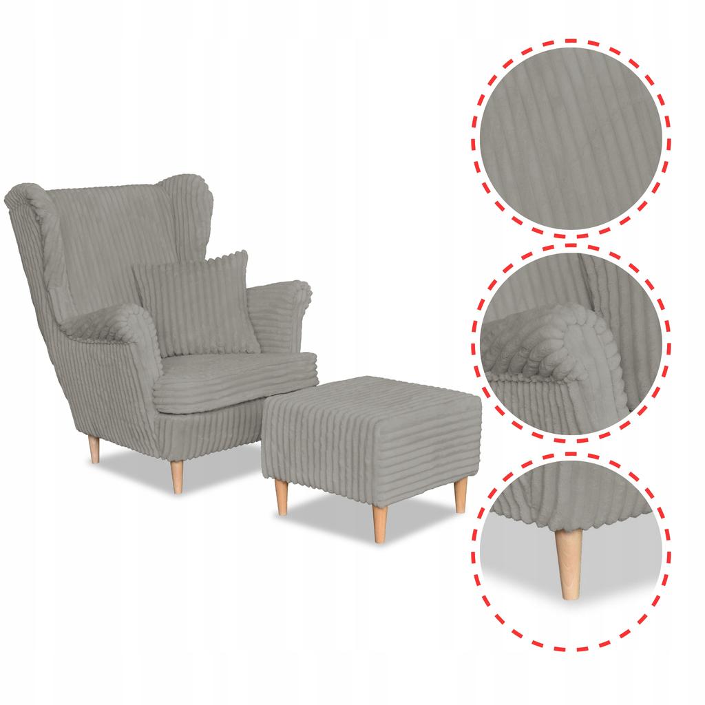 Fotel uszak Rene z podnóżkiem skandynawski Family Meble szary sztruks