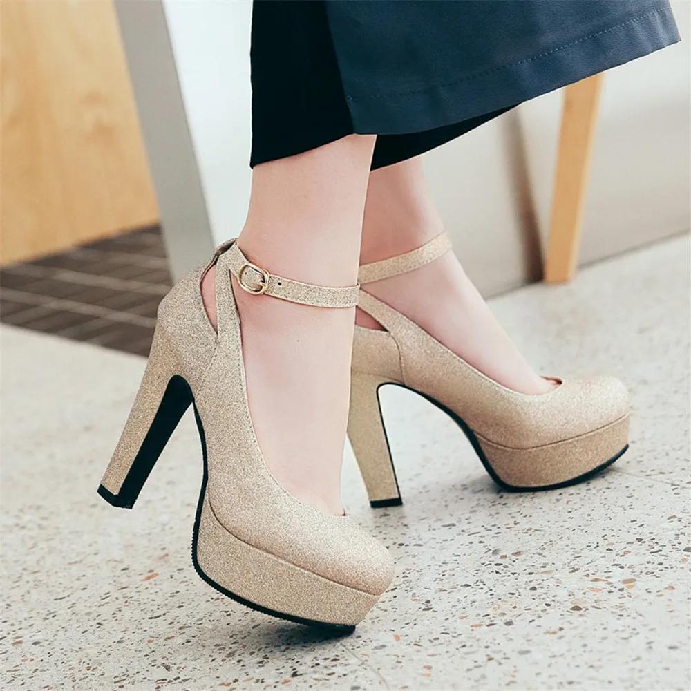 Ankle Strap High Heels Sexy Women Pumps Shiny Sequin Cloth Thick Platform Ladies Party Shoes Buckle Hollow Out Purple