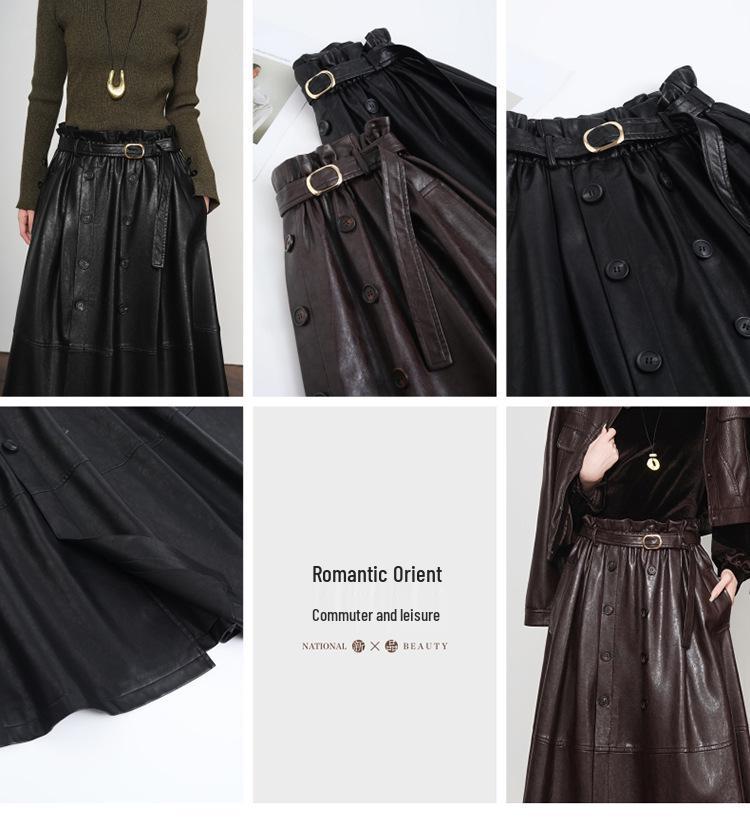 Women's Elegant Lambskin High Waist Pleated A-line Skirt, Mid-length Korean Style