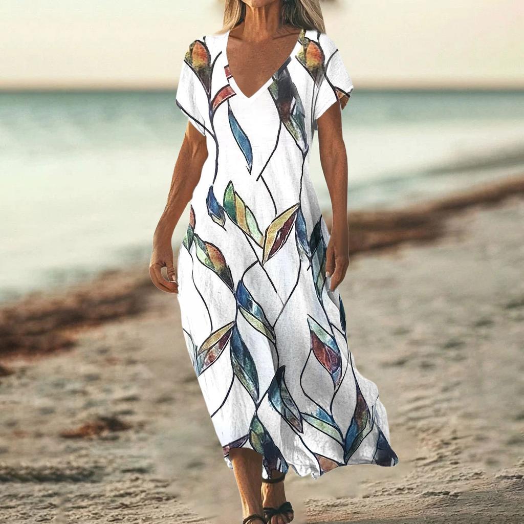 Fashion Women's Summer V-Neck Short Sleeve Floral Print Beach Dress