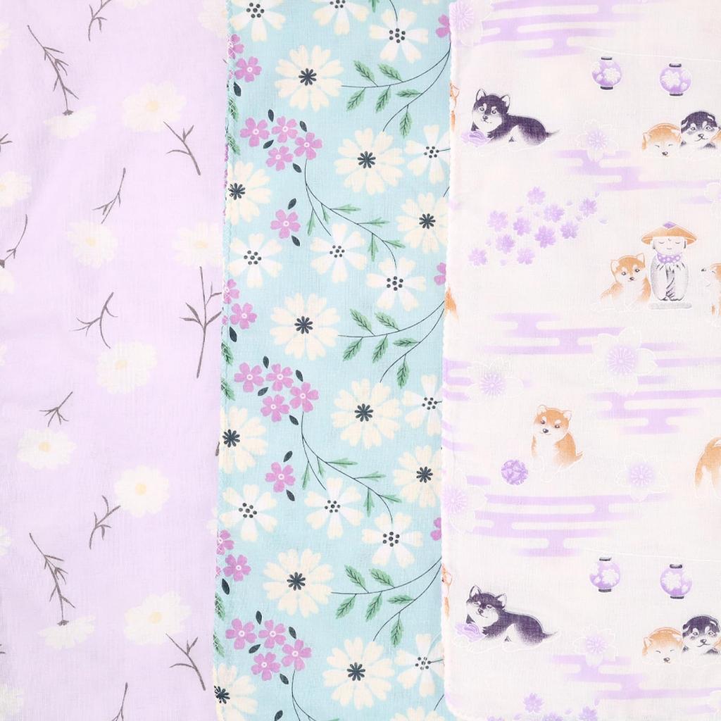 Cluster Tenugui Washed Gauze with Finish and Ranman Flower Pattern Set of Japanese-made (Tenugui) Double-Layered Anti-Fray [Mameshiba (Lavender) / 3]