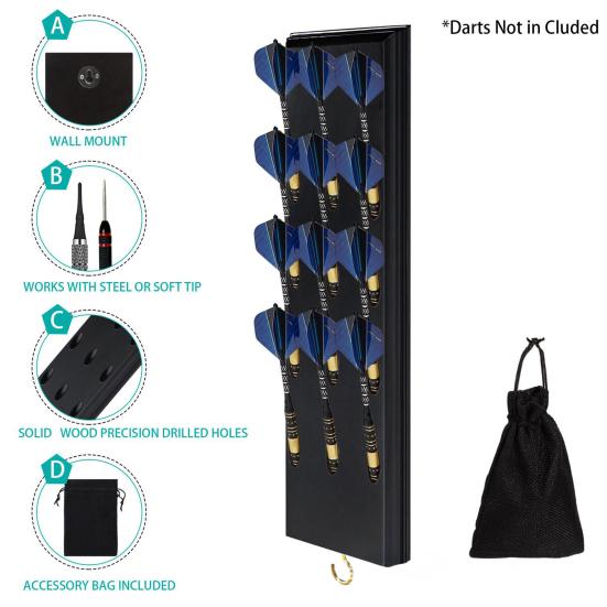 Duvara Monte Edilebilir Dart Tutucu 12 Dart'a Kadar Sığar Yer Tasarrufu Sağlayan Yumuşak Çelik Dart Düzenleyici Metal Kancalı Ahşap Saklama Rafı Dart Aksesuarları