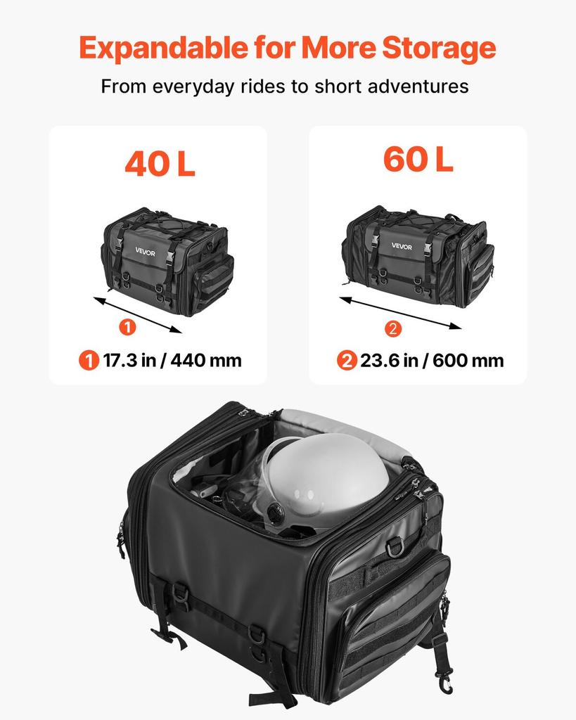 Motorcycle Tail Bag, 40-60 L Expandable Motorcycle Rear Seat Bag with Waterproof Rain Cover, Foldable Outdoor Sports Motorbike Luggage Storage with