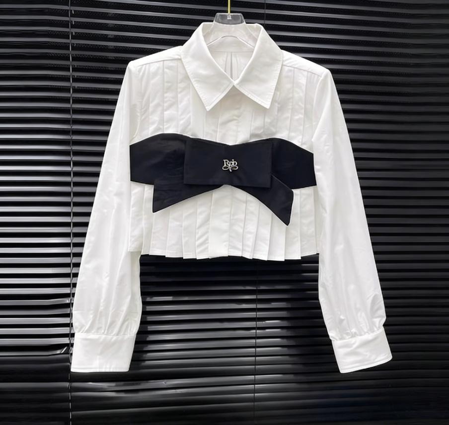 Women s Chic Pleated Bow Shirt - French Niche Design, Slimming & Short Extra Large белый