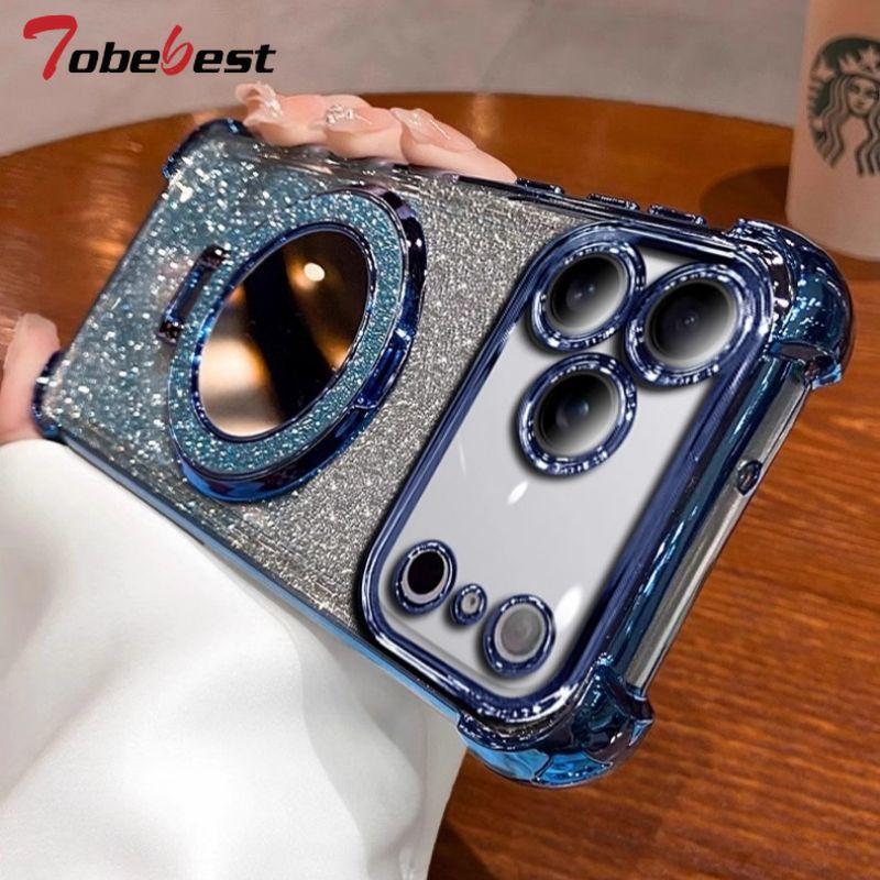 Glitter Shockproof Mirror Magnetic Bracket Case For iPhone 17 Air 16 16E 15 14 Plus 13 12 Mini 11 Pro XS Max XR Silicone Cover