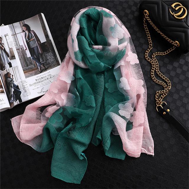 Double-Color Matching Women Scarf 70*190 Cm Female Fashion Cut Flower Hollow Petal Imitation Silk Wool Scarf Versatile Scarf