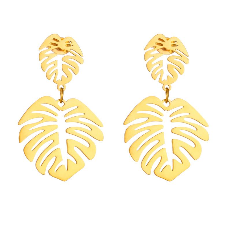 Gold Monstera Leaf Drop Earrings for Women