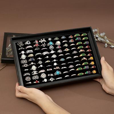 100 Sleuven Ringhouder Ring Display Case Zwart Sieraden Organizer met Transparant Deksel Ringdozen voor Meerdere Ringen(Ringenorganizer)