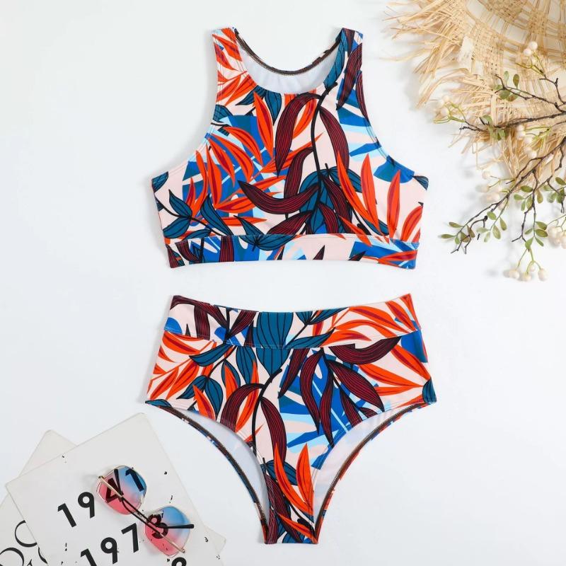 New Solid Color Printed Swimsuit Split High Waist Vest Sports Conservative Swimsuit Fashion