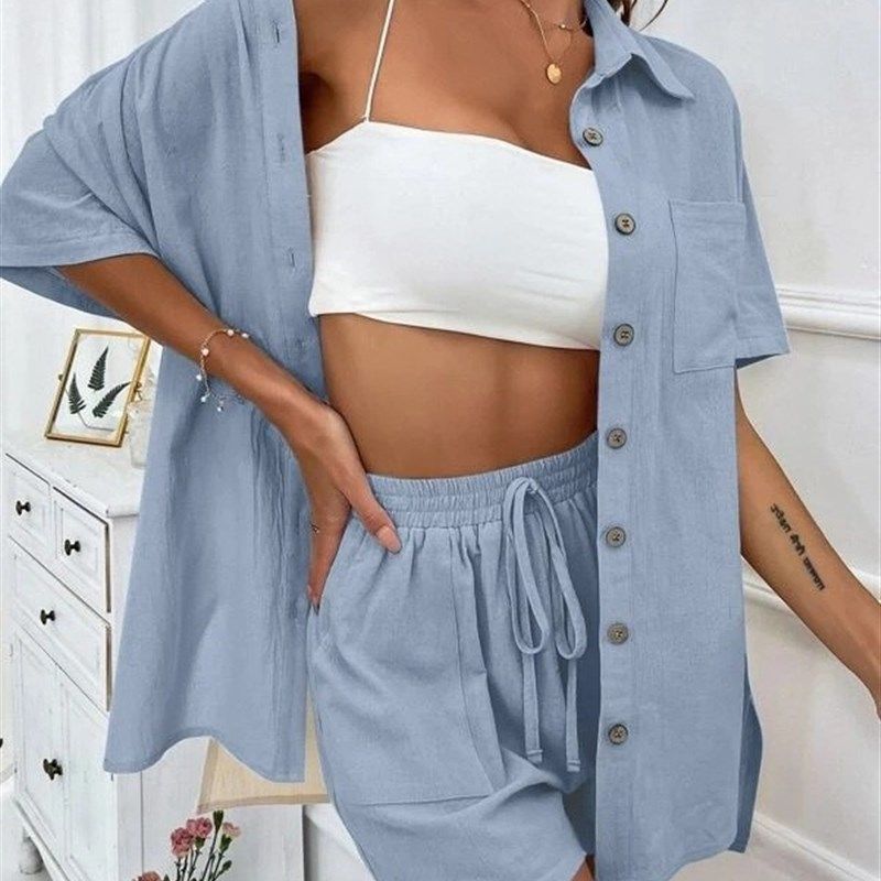 Short Sleeved Shorts Two Piece Shirt Set for Women