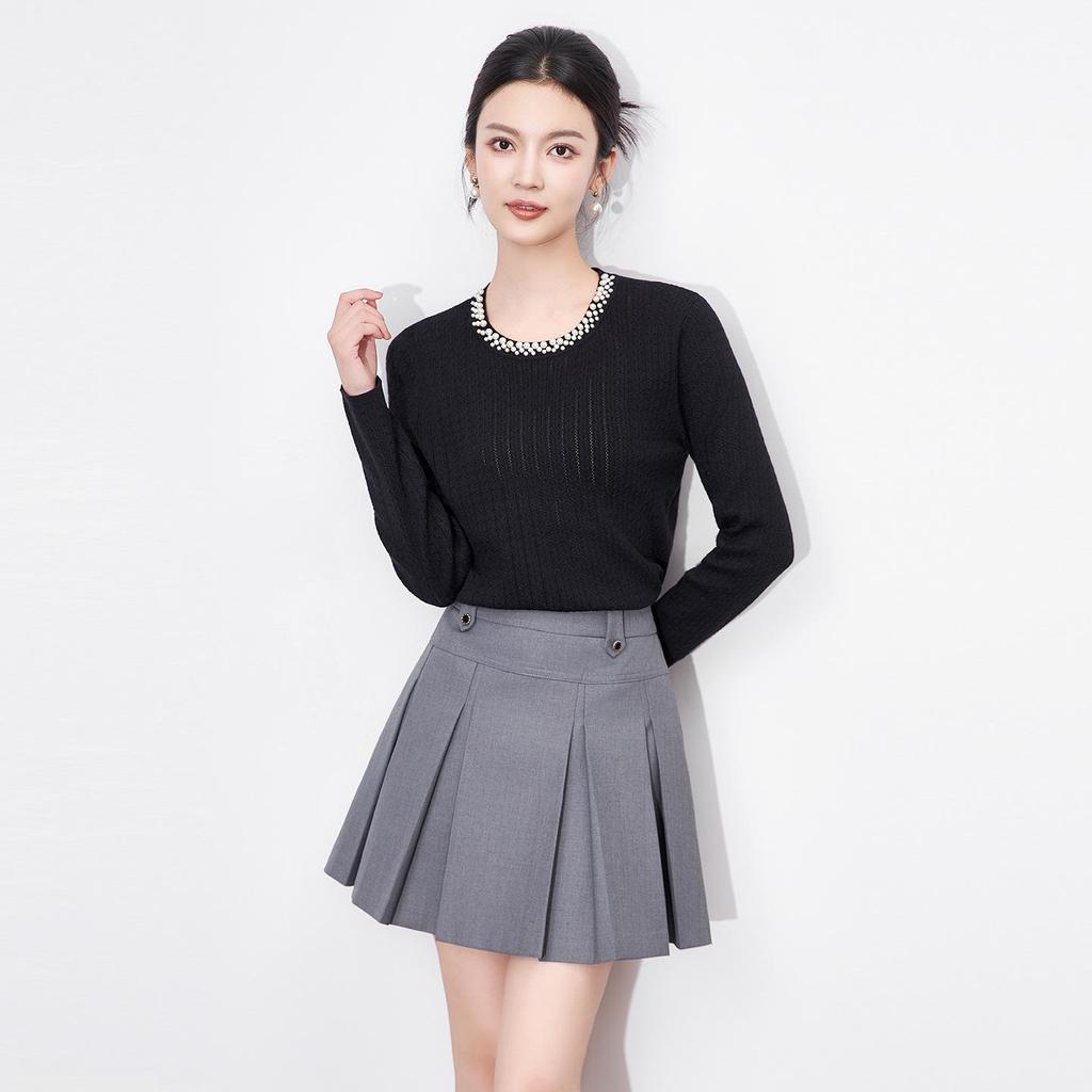 Light Luxury 3D Cable Knit Beaded Round Neck Long Sleeve Sweater Top for Women