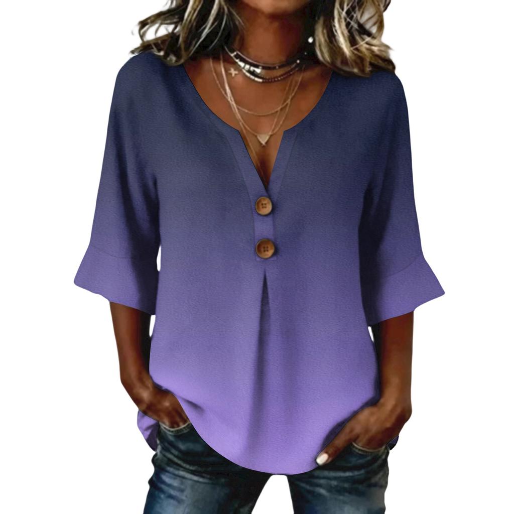 Ladies' gradient printed button casual V-neck fashionable seven quarter sleeve top
