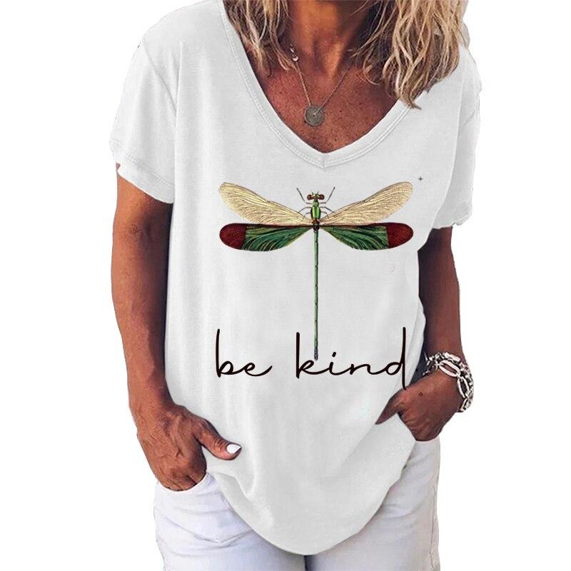 

Модные весенние блузки с принтом стрекозы, футболки с V-образным вырезом и короткими рукавами, повседневные 8XL белый