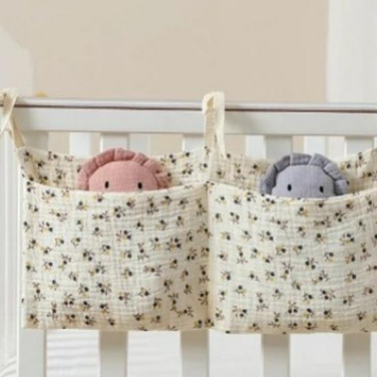 Double-Layer Pure Cotton Baby Stroller Storage Bag with Double Pockets and Printed Bottle Holder
