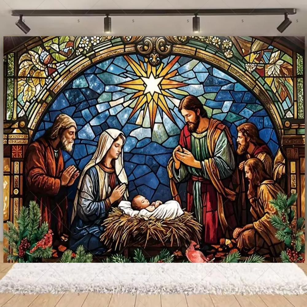 Nativity Scene Background Banner Starry Night Traditional Christmas Religious Jesus Backdrop Supplies Christmas Party Decoration