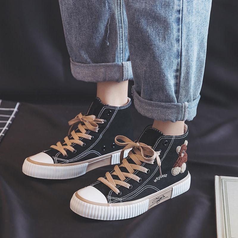 Little Bear High-top Women's Canvas Shoes Plus Velvet Shallow Women Casual Shoes Rubber Lace Up Female Flat Shoes